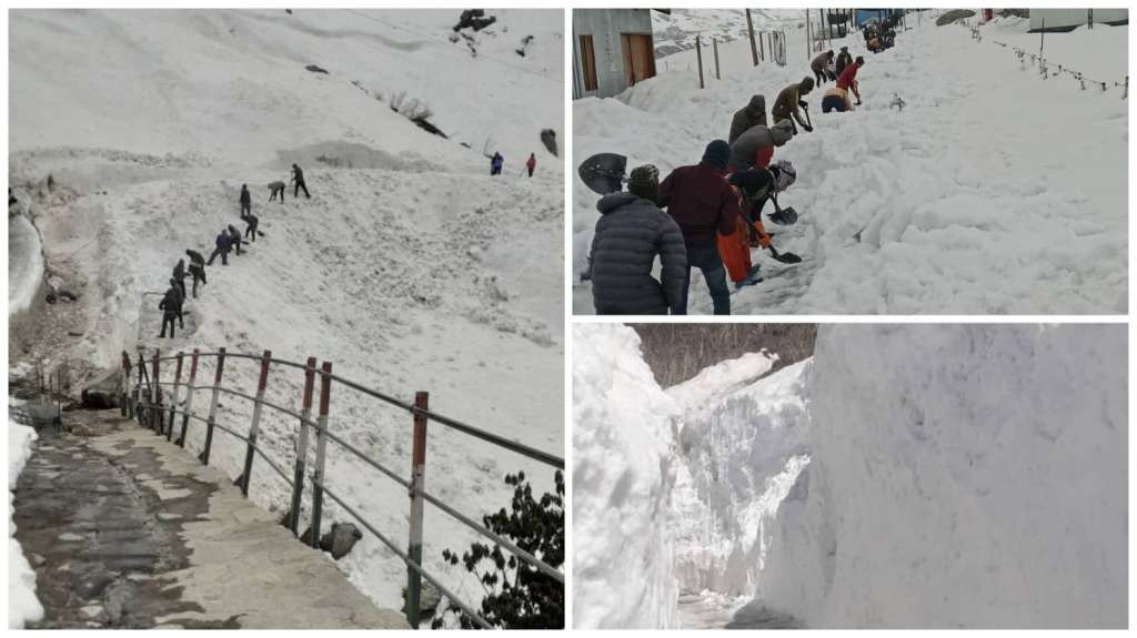 Kedarnath Dham : केदारनाथ धाम में बर्फ हटाने का कार्य तेजी से