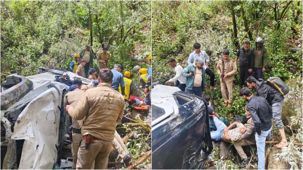 नैनीताल में खाई में गिरी थार वाहन के पास रेस्क्यू अभियान चलाती पुलिस और SDRF टीम।