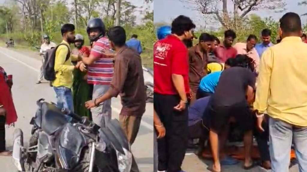 लालकुआं में कंटेनर से टकराने के बाद क्षतिग्रस्त बाइक और मौके पर मौजूद स्थानीय लोग