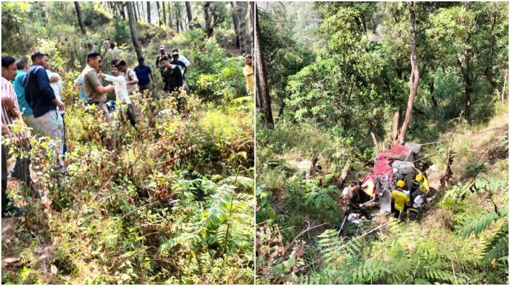 नैनीताल कार हादसे के बाद खाई में गिरी क्षतिग्रस्त कार और राहत-बचाव अभियान चलाती एसडीआरएफ टीम।