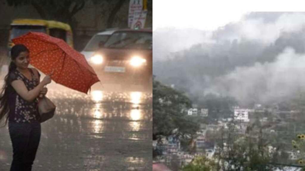 हिमालयी क्षेत्रों में बारिश के बाद बादलों से घिरे पहाड़ और ठंडी हवाओं का दृश्य, श्रद्धालु मौसम का आनंद लेते हुए।