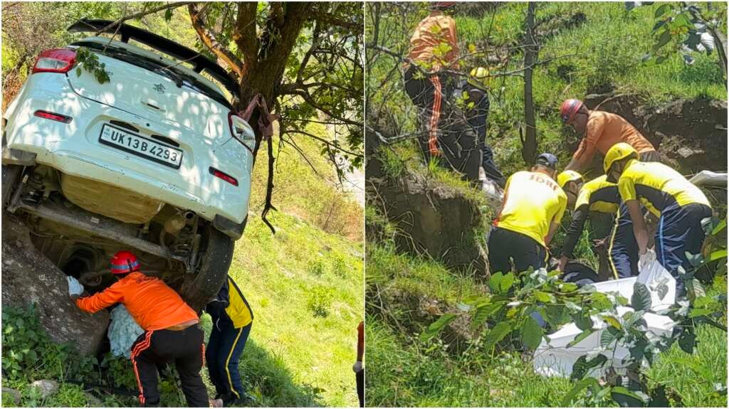 रुद्रप्रयाग में सड़क दुर्घटना के बाद खाई में गिरी कार के पास रेस्क्यू अभियान चलाते एसडीआरएफ, पुलिसकर्मी और स्थानीय लोग।