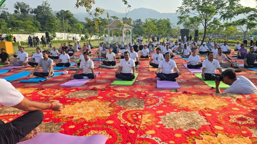 देहरादून के सिटी फॉरेस्ट पार्क में योग दिवस कार्यक्रम के दौरान मुख्य सचिव आनंद बर्धन और बड़ी संख्या में लोग योगाभ्यास करते हुए।