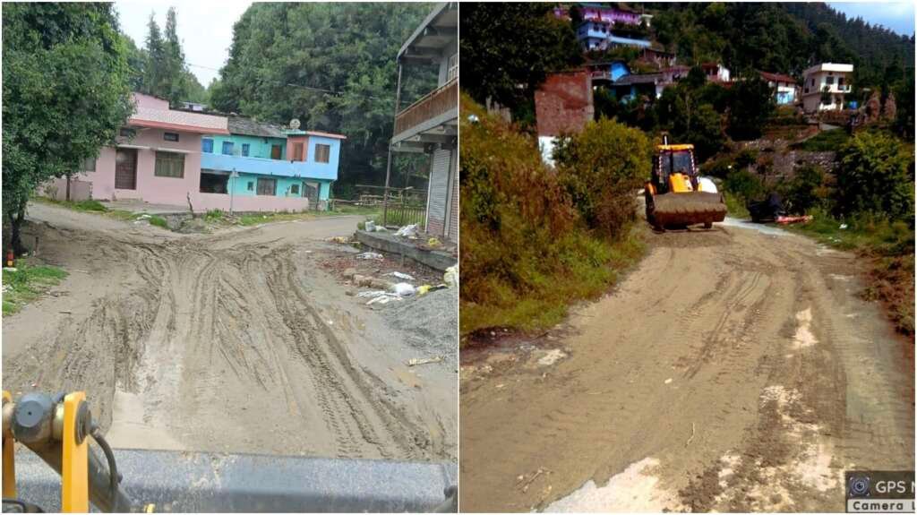 बारिश के बाद चम्पावत में सड़क से मलबा हटाने का कार्य।
