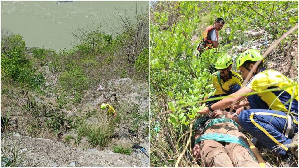SDRF टीम देवप्रयाग में नदी किनारे सर्च ऑपरेशन चलाते हुए।