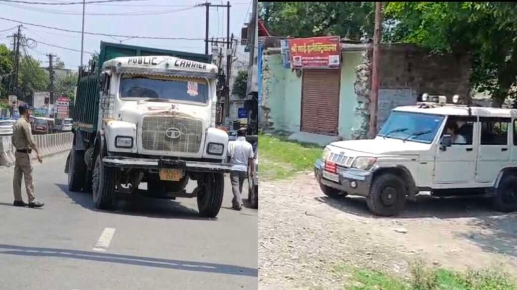 गौला नदी खनन क्षेत्र में परिवहन विभाग की टीम द्वारा ओवरलोड और बिना दस्तावेज वाहनों की जांच और कार्रवाई का दृश्य।