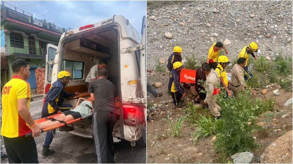 SDRF टीम रस्सियों की मदद से गहरी खाई में उतरकर दुर्घटनाग्रस्त एसयूवी में फंसे घायलों को सुरक्षित बाहर निकालती हुई।