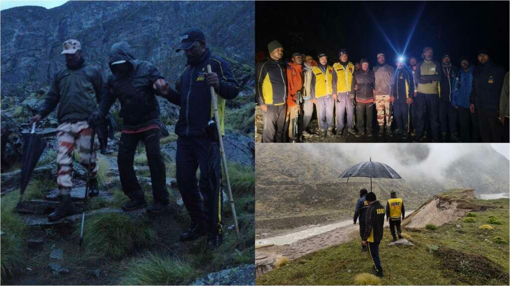 चमोली जिले में रेस्क्यू अभियान के दौरान ट्रैकर्स को सुरक्षित निकालती SDRF टीम।