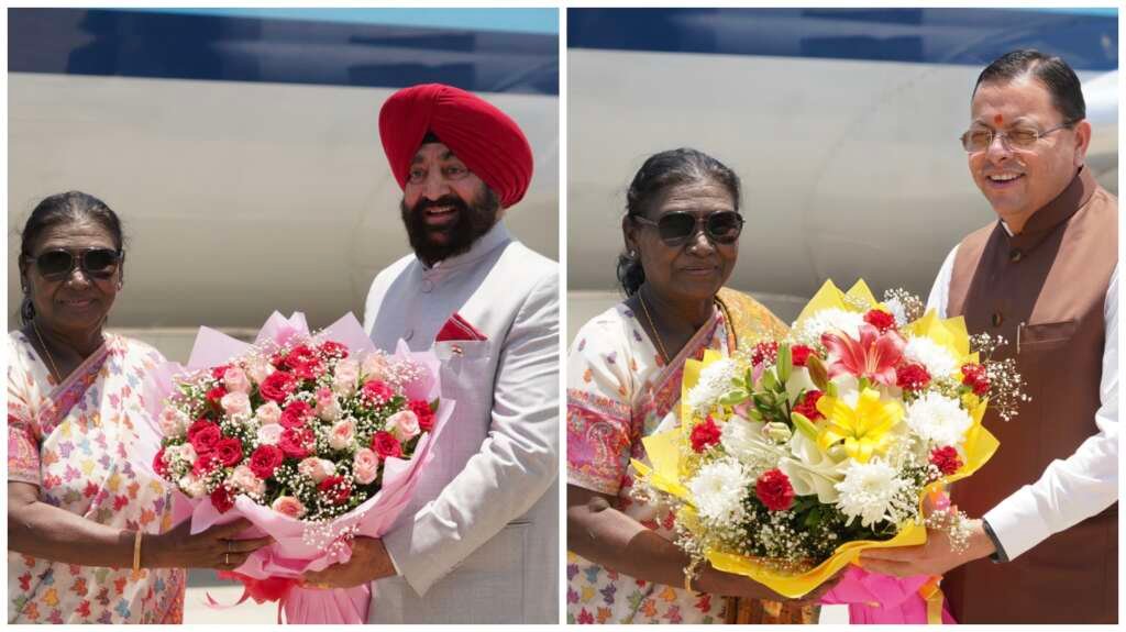 देहरादून एयरपोर्ट पर राष्ट्रपति द्रौपदी मुर्मू का राज्यपाल और मुख्यमंत्री द्वारा औपचारिक स्वागत किया जा रहा है