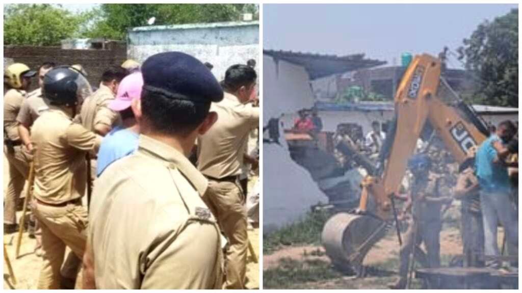 देहरादून के बैरागीवाला में हत्याकांड के बाद मुख्य अभियुक्त के घर पर बुलडोजर कार्रवाई के दौरान मौजूद प्रशासन और पुलिस।