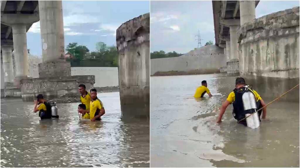 गौला नदी में सर्च अभियान चलाती एसडीआरएफ की टीम।