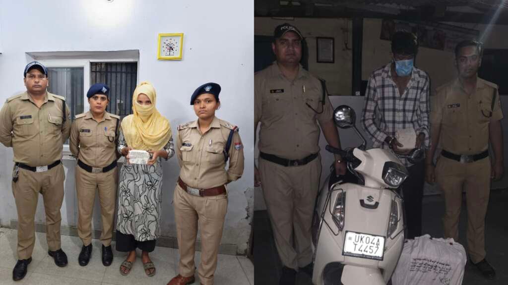हल्द्वानी के बनभूलपुरा क्षेत्र में स्मैक के साथ गिरफ्तार युवती और 144 पव्वे माल्टा शराब के साथ पकड़ा गया आरोपी।