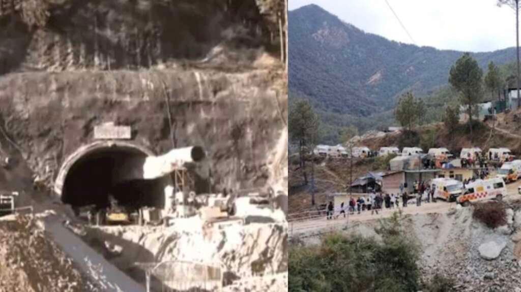 उत्तरकाशी की सिल्क्यारा टनल में शॉटक्रीट का ब्लॉक गिरने के बाद निर्माण स्थल का दृश्य।