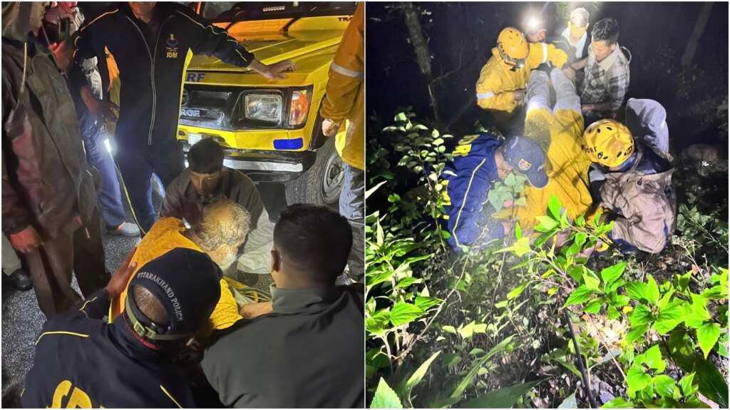 भवाली-रामगढ़ मार्ग पर खाई में गिरी कार का एसडीआरएफ द्वारा रेस्क्यू करते हुए जवान।