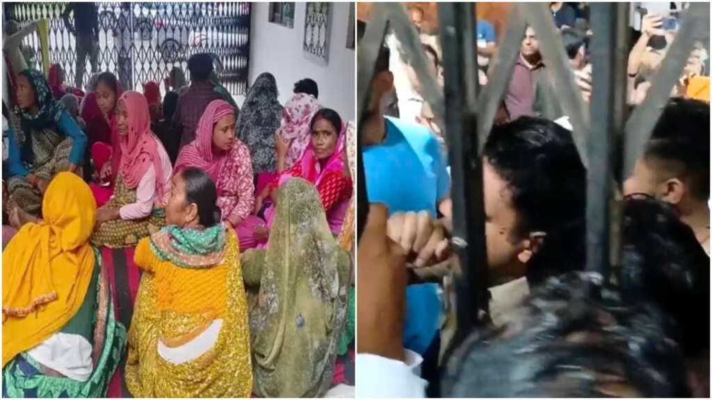 सितारगंज तहसील में विजिलेंस ट्रैप कार्रवाई के बाद विरोध प्रदर्शन के दौरान तहसील परिसर में मौजूद कर्मचारी और अधिकारी।