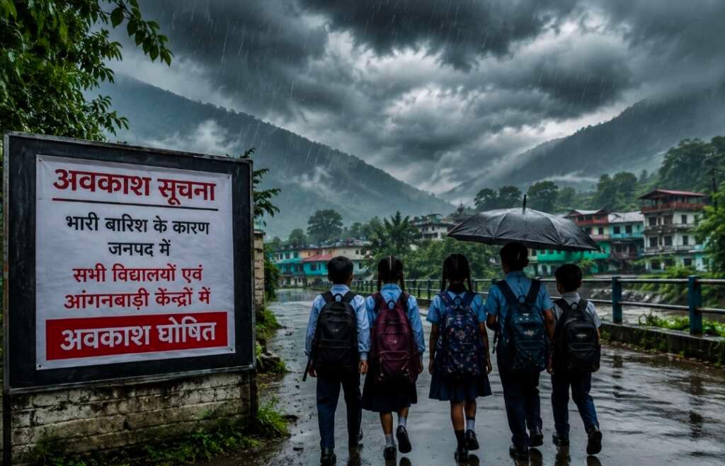 उत्तराखंड में भारी बारिश के अलर्ट के बीच स्कूल अवकाश का प्रतीकात्मक दृश्य।