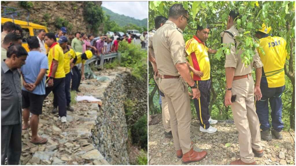टिहरी गढ़वाल के देवप्रयाग मार्ग पर खाई में गिरे बोलेरो वाहन के बाद राहत एवं बचाव अभियान चलाती एसडीआरएफ और पुलिस टीम।