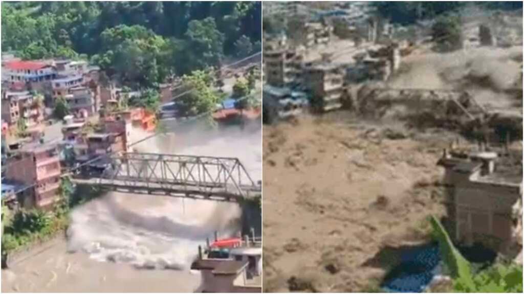नेपाल के रसुवा में भोटेकोशी नदी की बाढ़ से प्रभावित क्षेत्र का दृश्य