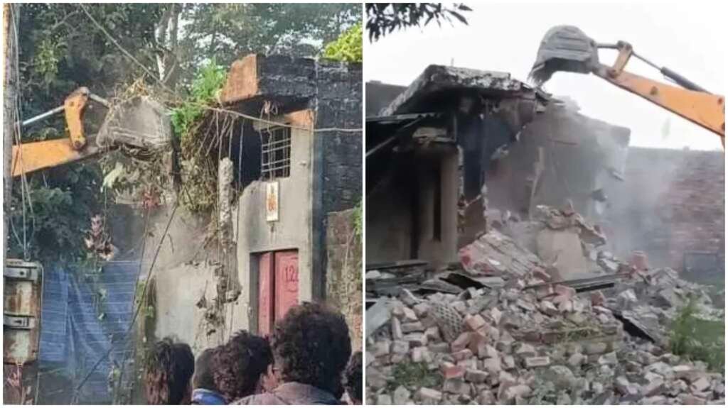 रामनगर के पूछड़ी क्षेत्र में वन भूमि से अतिक्रमण हटाने के दौरान बुलडोजर और जेसीबी से मकान ध्वस्त करने की कार्रवाई।